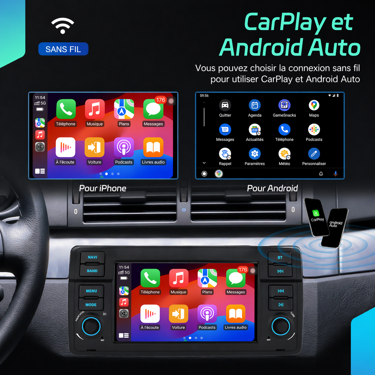 Autoradio 4+64G 7'' avec Carplay sans fil, Android Auto, GPS, Wifi, FM, pour BMW 3 E46 MPARTS AUTO