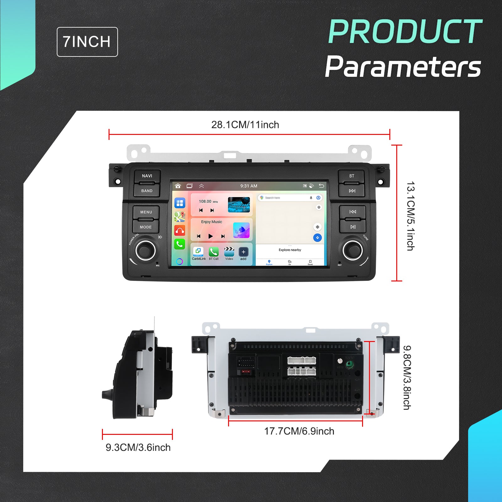 Autoradio 4+64G 7'' avec Carplay sans fil, Android Auto, GPS, Wifi, FM, pour BMW 3 E46 MPARTS AUTO
